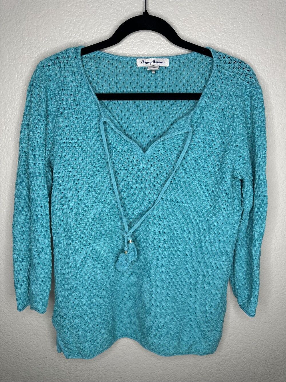 Tommy Bahama Sweater Womens Medium Blue Tassel Tie V Neck Knit Pullover Boho